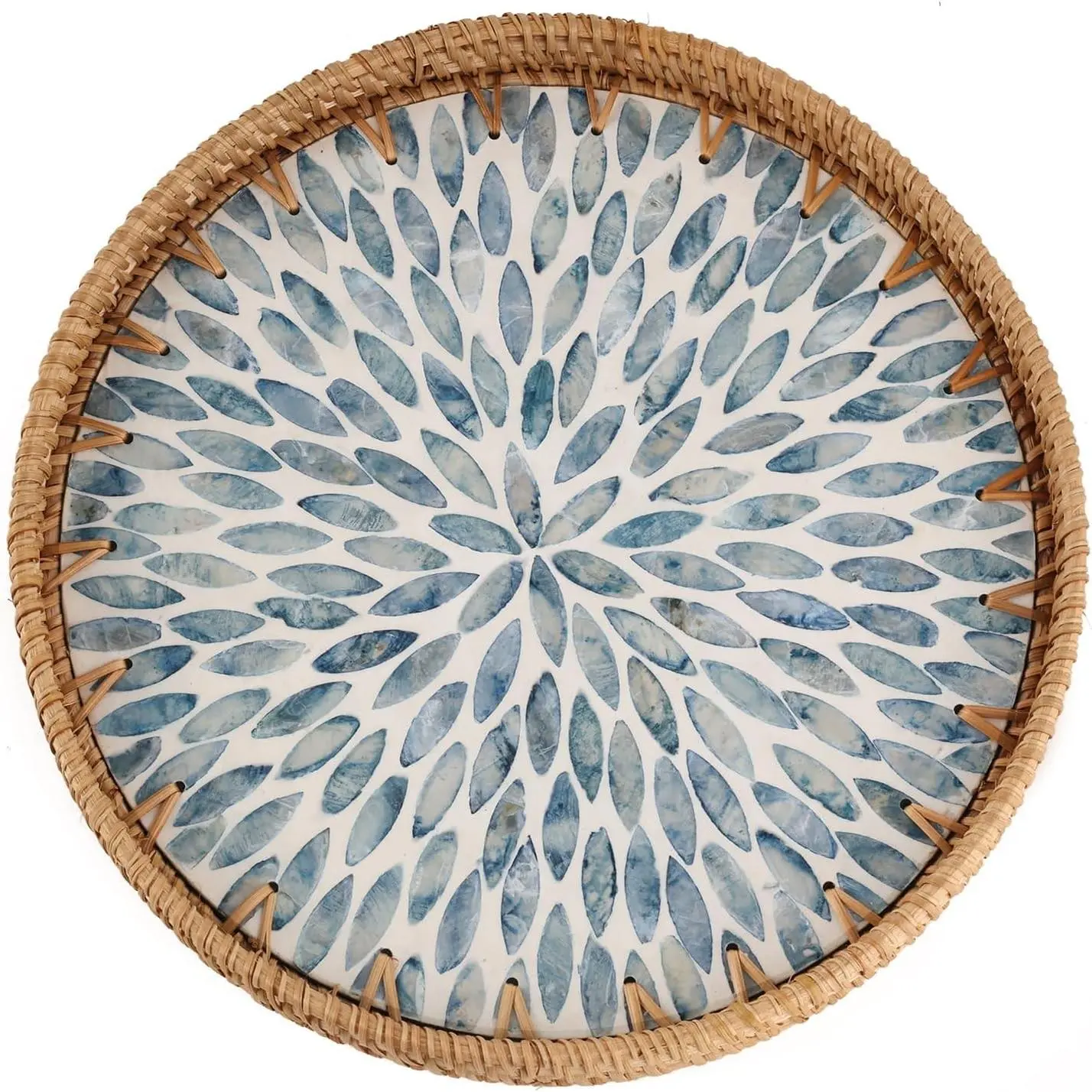Round Rattan Tray with Mother of Pearl Inlay Decorative Wicker Serving Tray for Coffee Bread Fruits for Table Home Kitchen Island Decor Light Blue Leaf 11.8"
