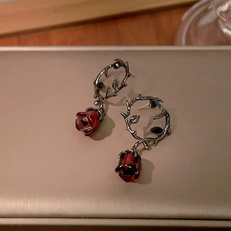 Y2K Gothic Black Liquid Heart Cross Star Pendant Earrings New Red Zircon Love Dangle Earring Irregular Aesthetic Jewelry