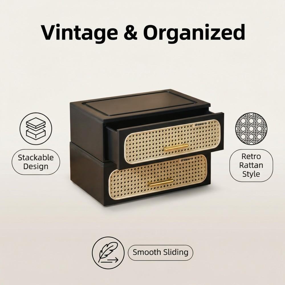 Retro Woven Imitation Rattan Stacking Storage Box for Space Organization, Multipurpose Storage, Versatile for Miscellaneous Items, Clothing and Daily Supplies