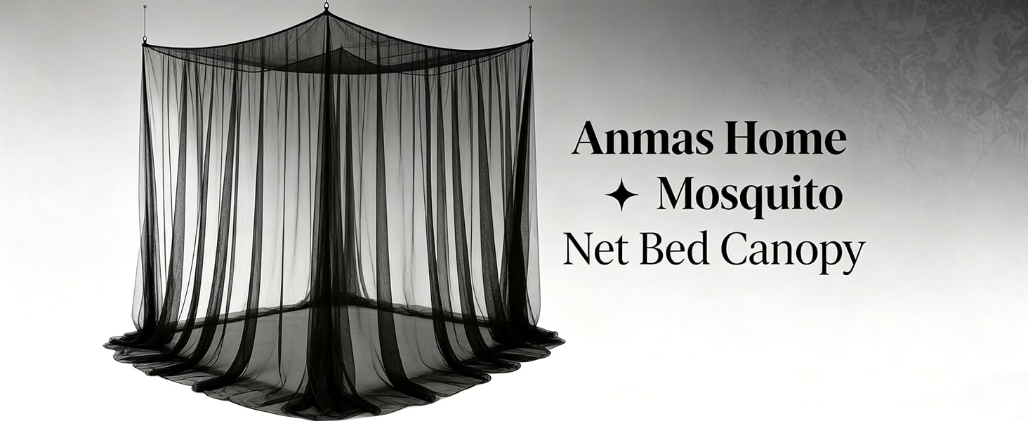 Classic Black Grid Pattern Bed Mosquito Net Curtains with 66ft LED Star String Lights for Starry Night Bedroom Use, 86.6"W x 79"L x 102"H 4-Opening Insect Shield, Fits King/Queen/Full Beds, King Size Fit