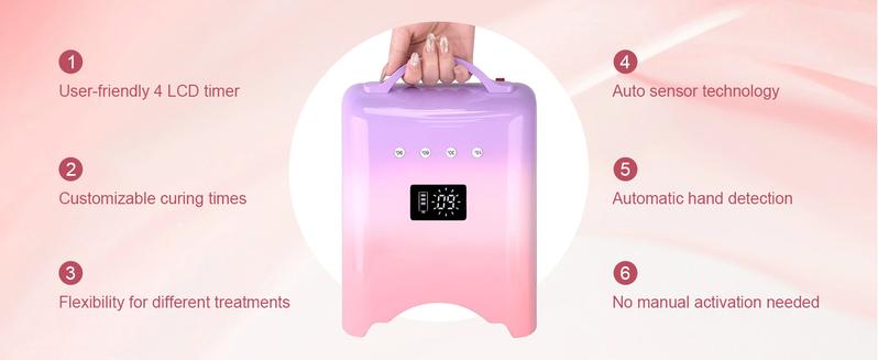NEO Cordless & Rechargeable Nail Curing Lamp 78W with 4 LCD Time Display Timer, Auto Sensor, and Spacious Interior for All Hand Sizes and Nail Lengths (Gradient Purple Pink/Gradient Pink Gold/Metallic Rose Gold),Infrared Sensor Nail Dryer Lamp