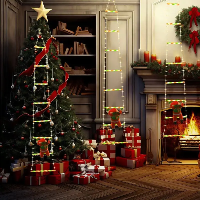 Santa Claus Ladder LED Light String, Outdoor Window Courtyard Hanging Christmas Festival Decoration, Remote Control Included