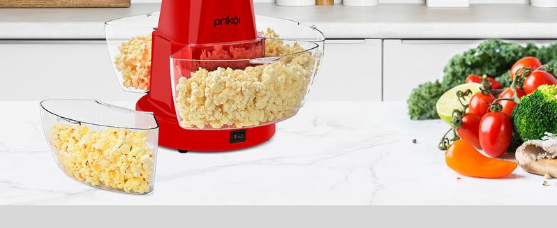 SUSTEAS Oil-free popcorn machine with hot air system for crispy pops, includes 4 bowls & cups (4-serving capacity).