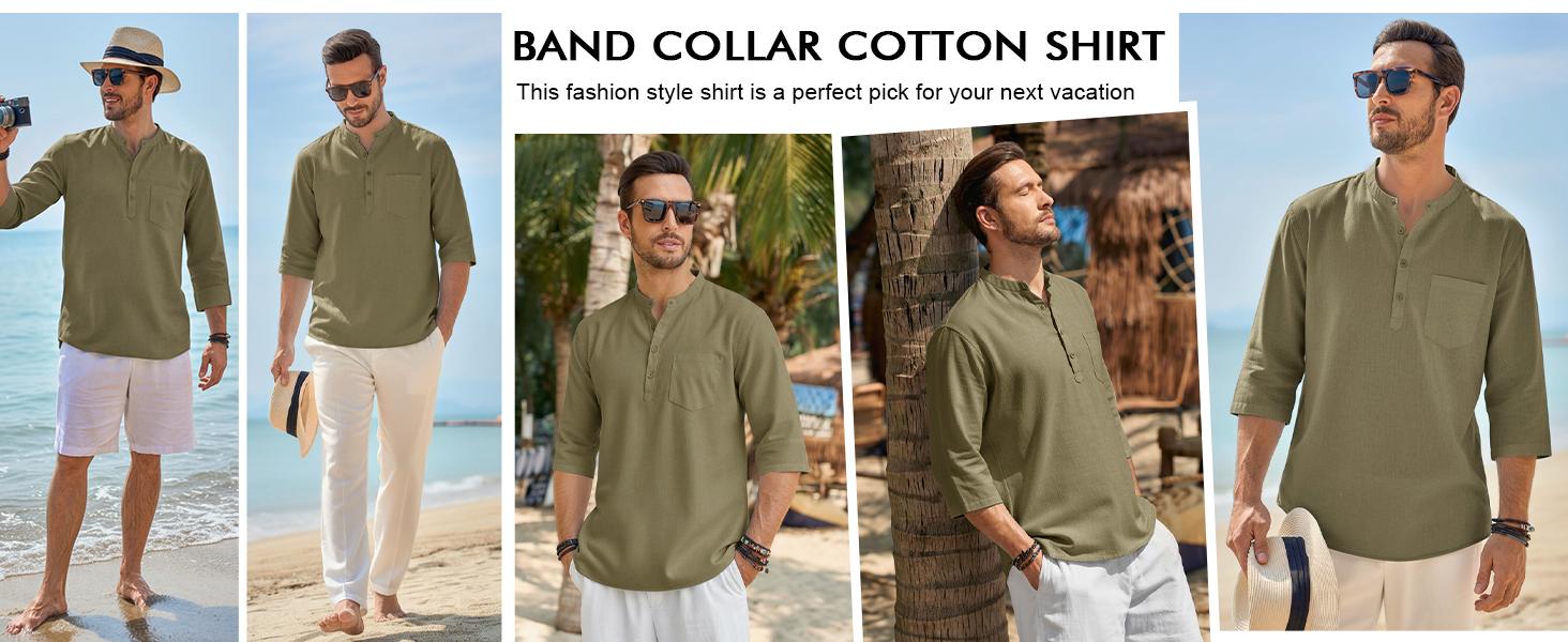 Runcati Mens Casual Henley Shirts 3/4 Sleeve Band Collar Cotton Linen Shirt Summer Beach Hippie T-Shirts with Pocket