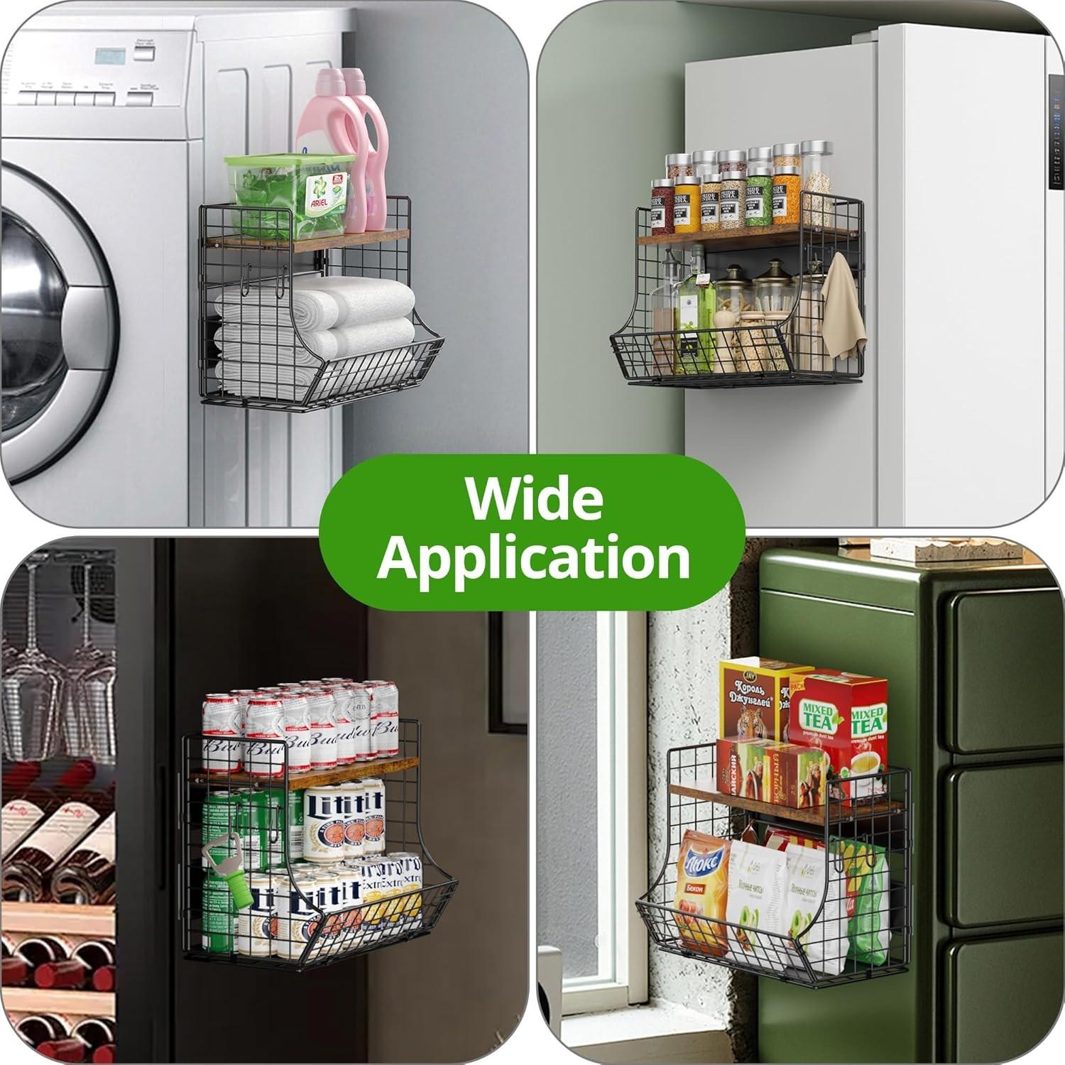 Magnetic Shelf for Fridge with Wood Lid, Fruit Potato and Onion Storage Bins, Pantry Organizers and Storage, Strong Magnetic Spice Rack for Refrigerator, Kitchen Counter and Laundry Room, Wooden