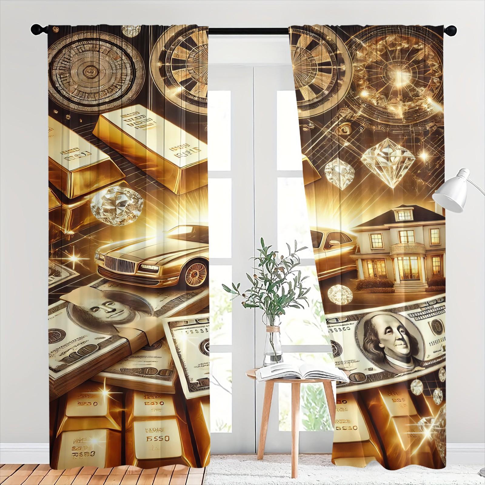 2 Pack Brushed Fabric Curtains, Wealth Theme Digital Print Window Drapes, Semi-Transparent & Fade Resistant, Through Rod Hanging Design, for Bedroom Living Room, Rich Dream Golden Home Curtains, Home Decoration Curtain