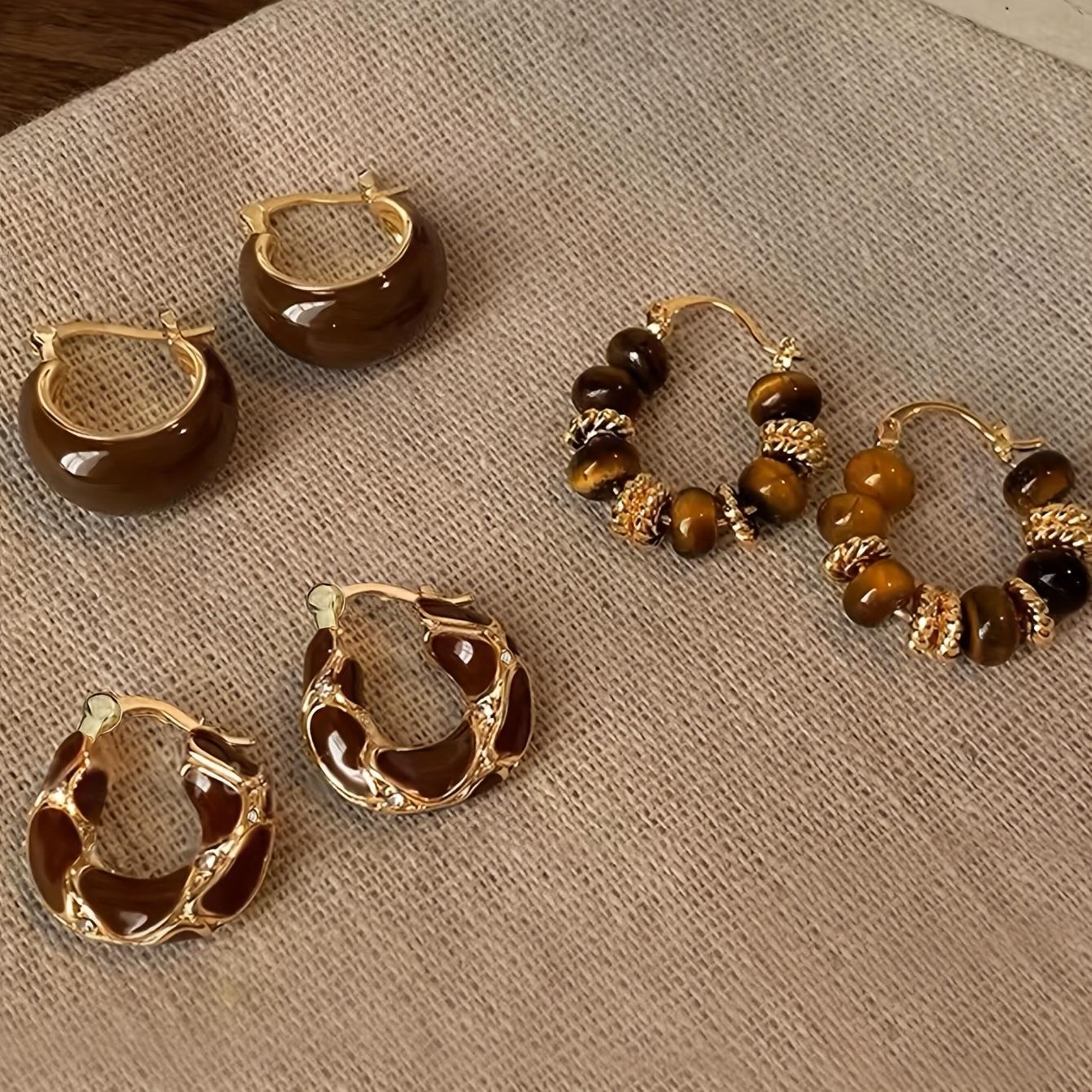 Women's Geometric Design Amber Beaded Earrings Set - Retro Elegant High-End, Suitable for Daily, Party Wear