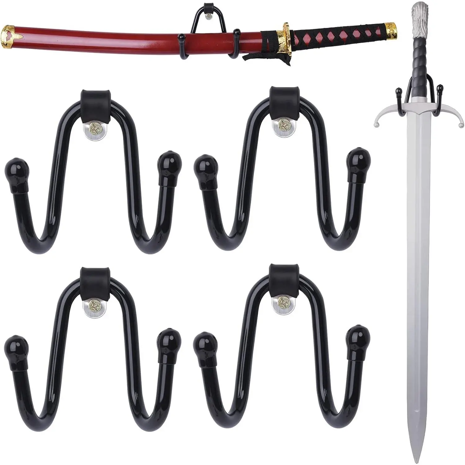 4-Pack Small Adjustable Sword Wall Mount Display Rack - Vertical/Horiz. Holder for Sword, Dagger, Axe, Keyblade