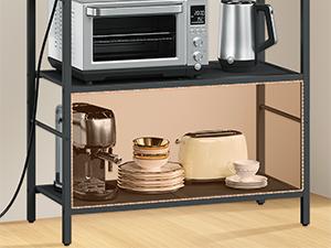 Rack with Power Outlet, Kitchen Storage Shelf with 6 Hooks, Microwave Stand with Storage, 4-Tier Coffee Bar Station, for Kitchen, Dining Room, Rustic Brown and Black BRHR351E01
