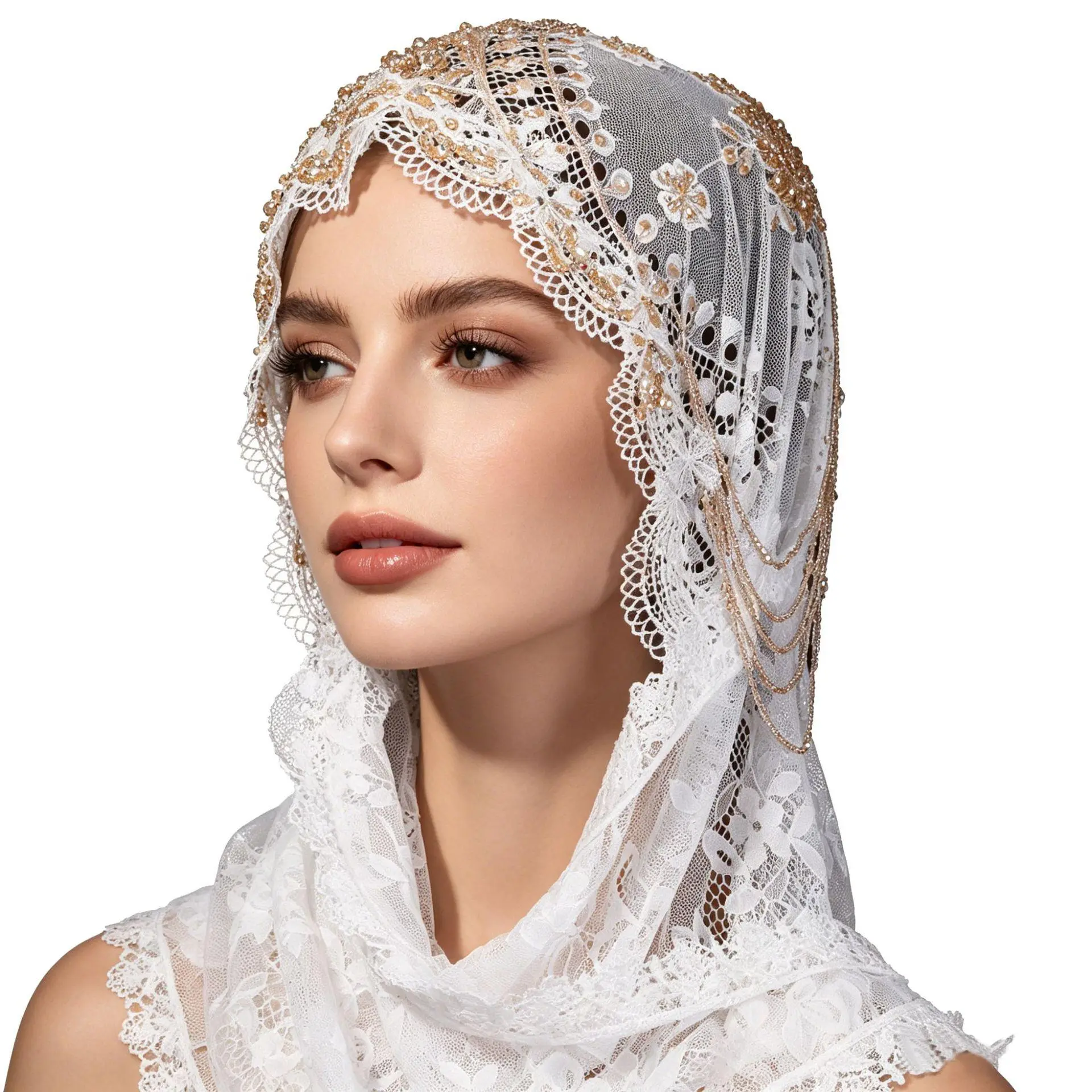 Viral White Lace Gold Beaded Chain Draped Turban Headwrap Scalloped Floral Embroidery Veil Cap Elegant Bridal Party Modest Hair Cover