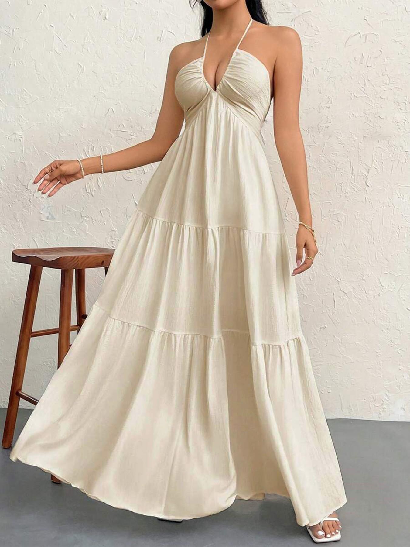Women Halter V Neck Maxi Dress, Ruched Bust Empire Waist, Tiered Flowy Long Dress, Sleeveless Spaghetti Strap, Beach Vacation Sundress, Casual, Elegance