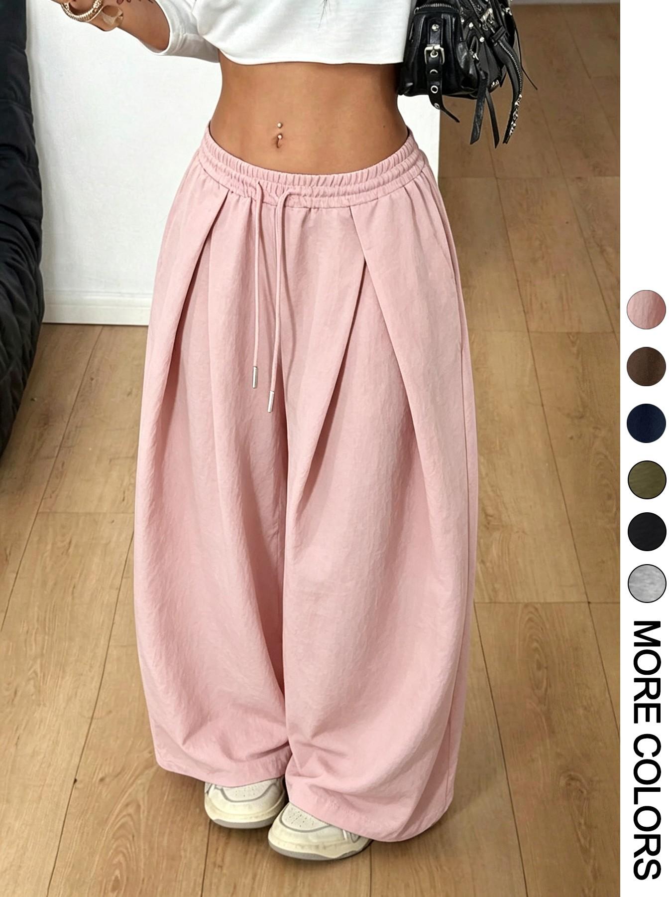 Women Elastic Waist Cuffed Jogger Pants, High Waist Baggy Wide Leg Sweatpants With Drawstring Ankle, Casual Streetwear for Lounging Daily Going Out