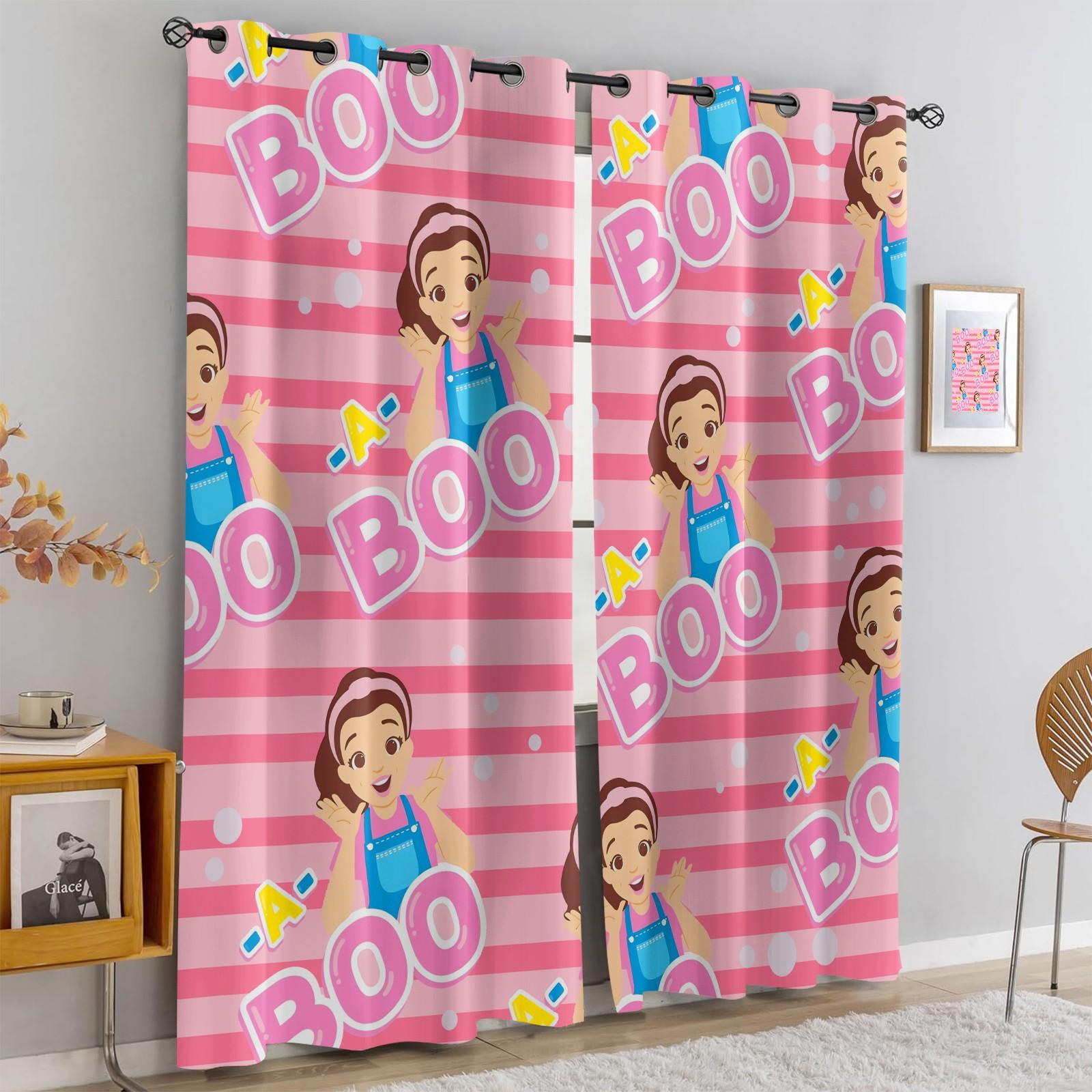 Pink Striped Peek-A-Boo Cartoon Character Blackout Curtain 2Pcs/Set, No Drill Rings, Washable Polyester Fabric, Suitable for Bedroom Living Room Kids Room Decor, Insulation, UV Protection, Best Gift