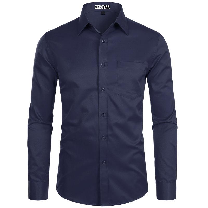 Zeroyaa Men's Long Sleeve Button Up Shirts Solid Slim Fit Casual Business Formal Dress Shirt with Pocket Menswear Korean summer outfits men funny shirts