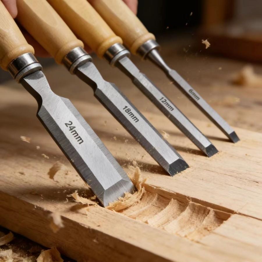 4-Piece Wood Chisel Set, High Carbon Steel with Birch Handle, 6/12/18/24mm, Ideal for Carving and Cutting, DIY and Professional Use