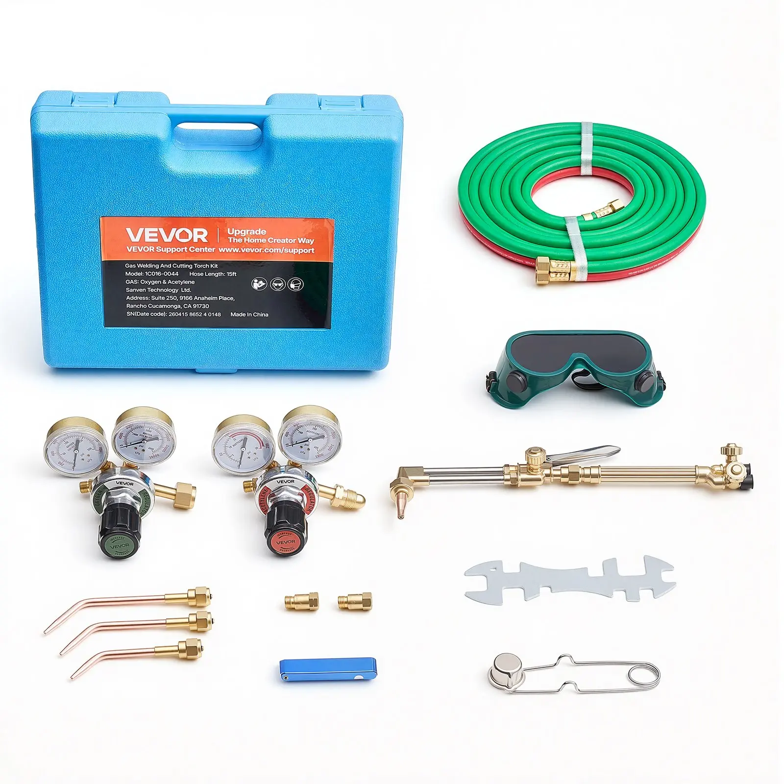VEVOR Oxygen Acetylene Torch Kit with Check Valves, Gas Welding Cutting Torch Kit, Portable Oxy Acetylene Brazing Set with 15FT Twin-Hose, 1 Cutting Tip, 3 Welding Tips, 2 Gas Regulators Toolbox