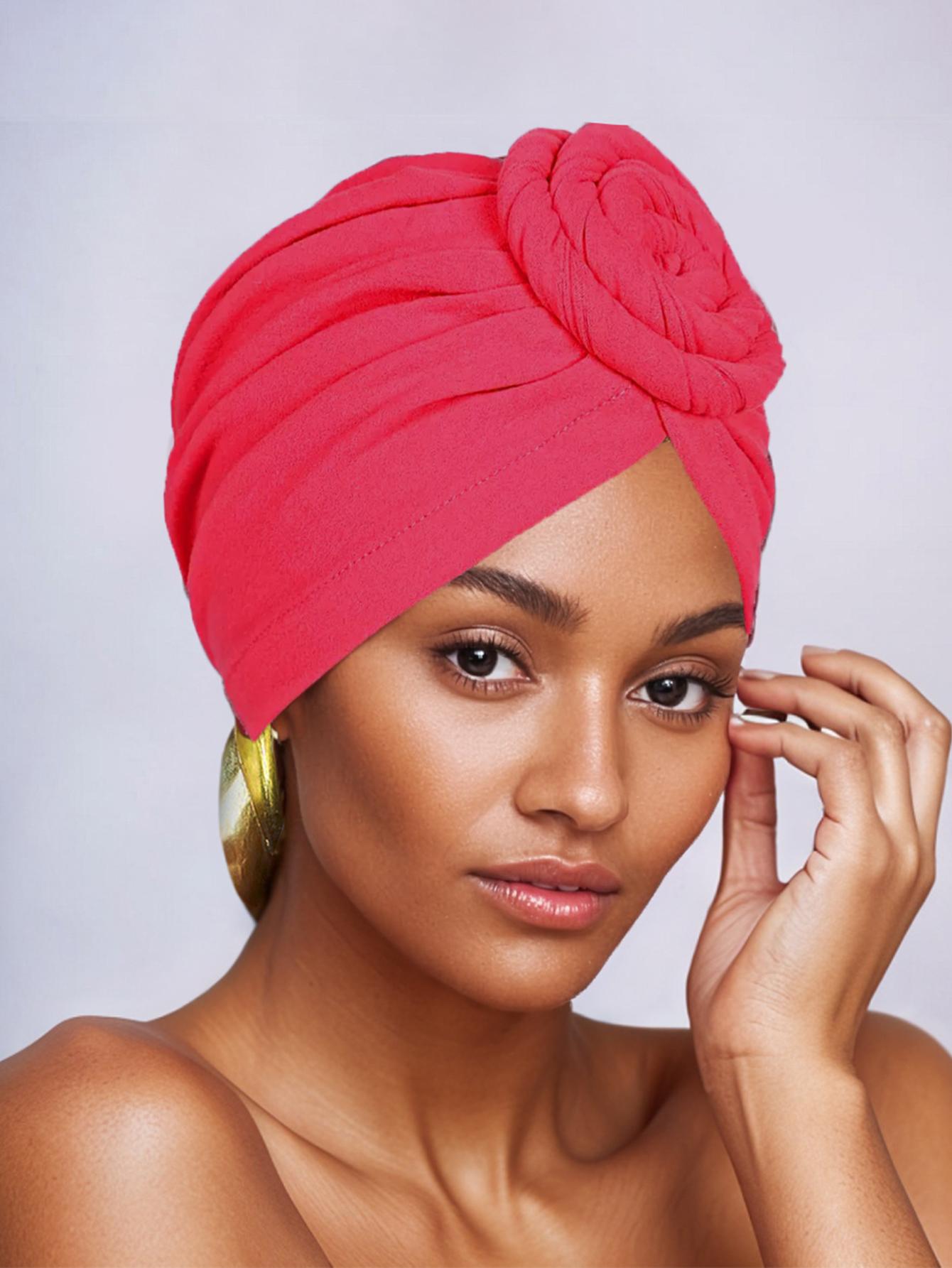 Women's Ethnic Headscarf Hat, Floral Twist Design Indian Turban Cap, Casual Fitted Style for All Seasons, Perfect for Parties & Daily Use