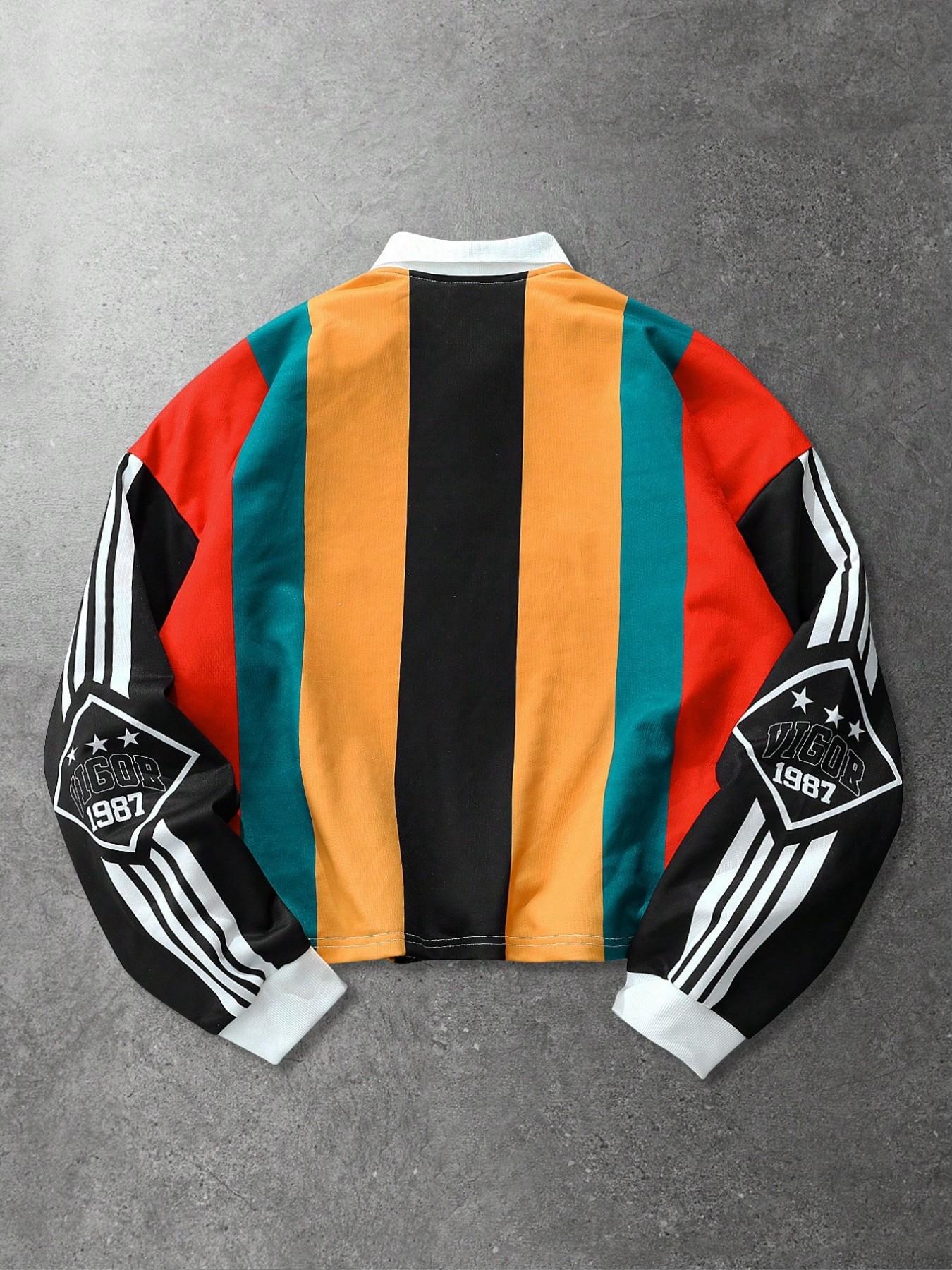 Trendy Women's Retro 168 LA Graphic Oversized Rugby Polo, Multicolor Striped Lion Print Long Sleeve Streetwear Top, Y2K Hip Hop Style Vintage Shirt for Street Style & Daily Wear #mensStreetwearPolo #Y2KFashion #GraphicAthletic