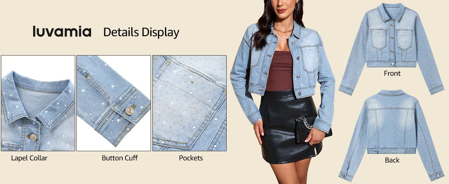 Luvamia Cropped Jean Jacket Women's Trendy Rhinestone Embellished Short Stretchy Trucker Denim Coats with Button Down & Pockets for Daily Essentials - Fit - Chic Clothes Style Elegance