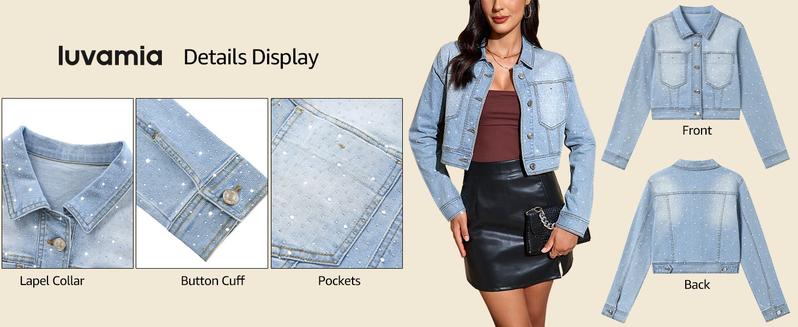 Luvamia Cropped Jean Jacket Women's Trendy Rhinestone Embellished Short Stretchy Trucker Denim Coats with Button Down & Pockets for Daily Essentials - Fit - Chic Clothes Style Elegance