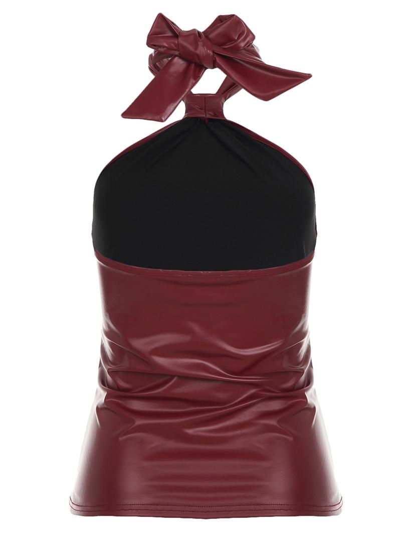 Y2K Knot PU Leather Halter Vest, Slim-Fitting Backless Design, Plain Pattern, Y2K Style, Perfect for Casual Wear
