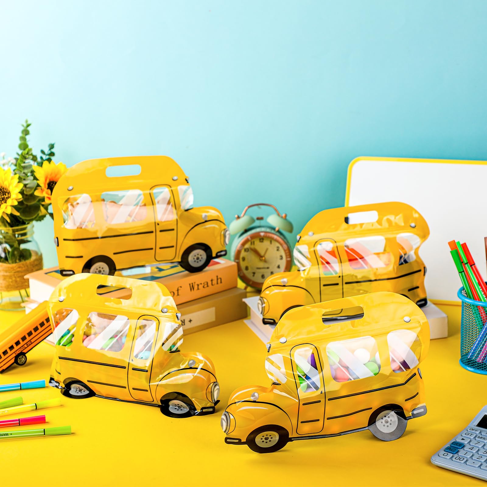 40/100 Pcs Back to School Cartoon Backpack Goodies Bags Snack Bags Candy Bags Plastic Gift Bags with Handle Transparent Window Treat Bags for Teacher Student Women,School Classroom Supplies,Birthday Party kindergarten Vibrant Orange Celebrations Gift