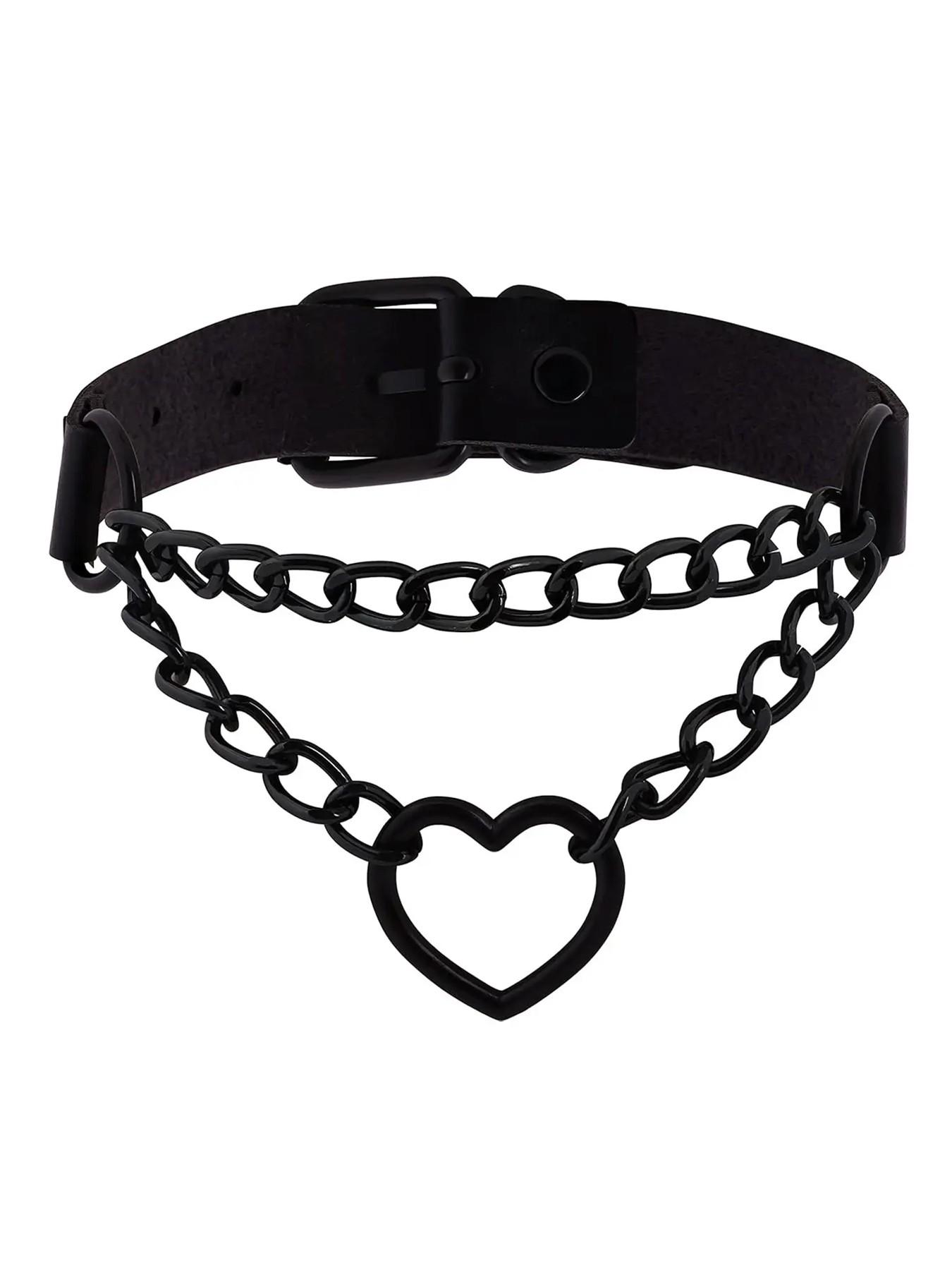 Gothic Punk Grunge Emo Necklace, PU Leather Choker, Goth Heart Chain Design, Perfect Halloween & Christmas Gift for Him Her