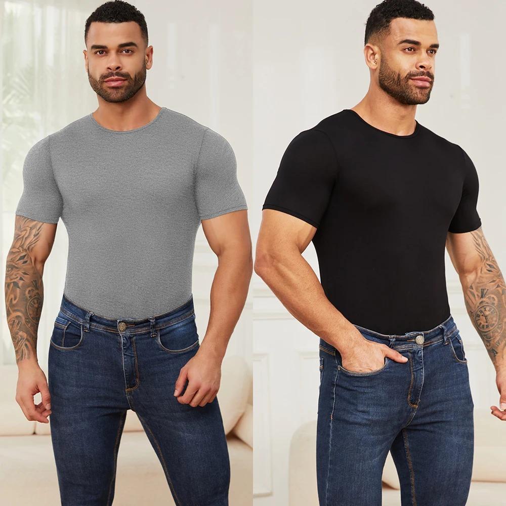 Menswear Short Sleeve Body Shaper Shapewear Bodysuits  Breathable Lightweight Black Gray Viscose Spandex Soft Stretchy Pajamas Rompers Basic Fabric Shirt Day