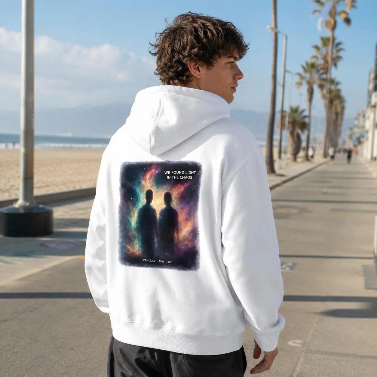 Cosmic Chaos Graphic Hoodie, Galaxy Space Art Print Pullover Sweatshirt, Dark Aesthetic Streetwear Hoodie, Inspirational Quote Oversized Unisex Hoodie for Men