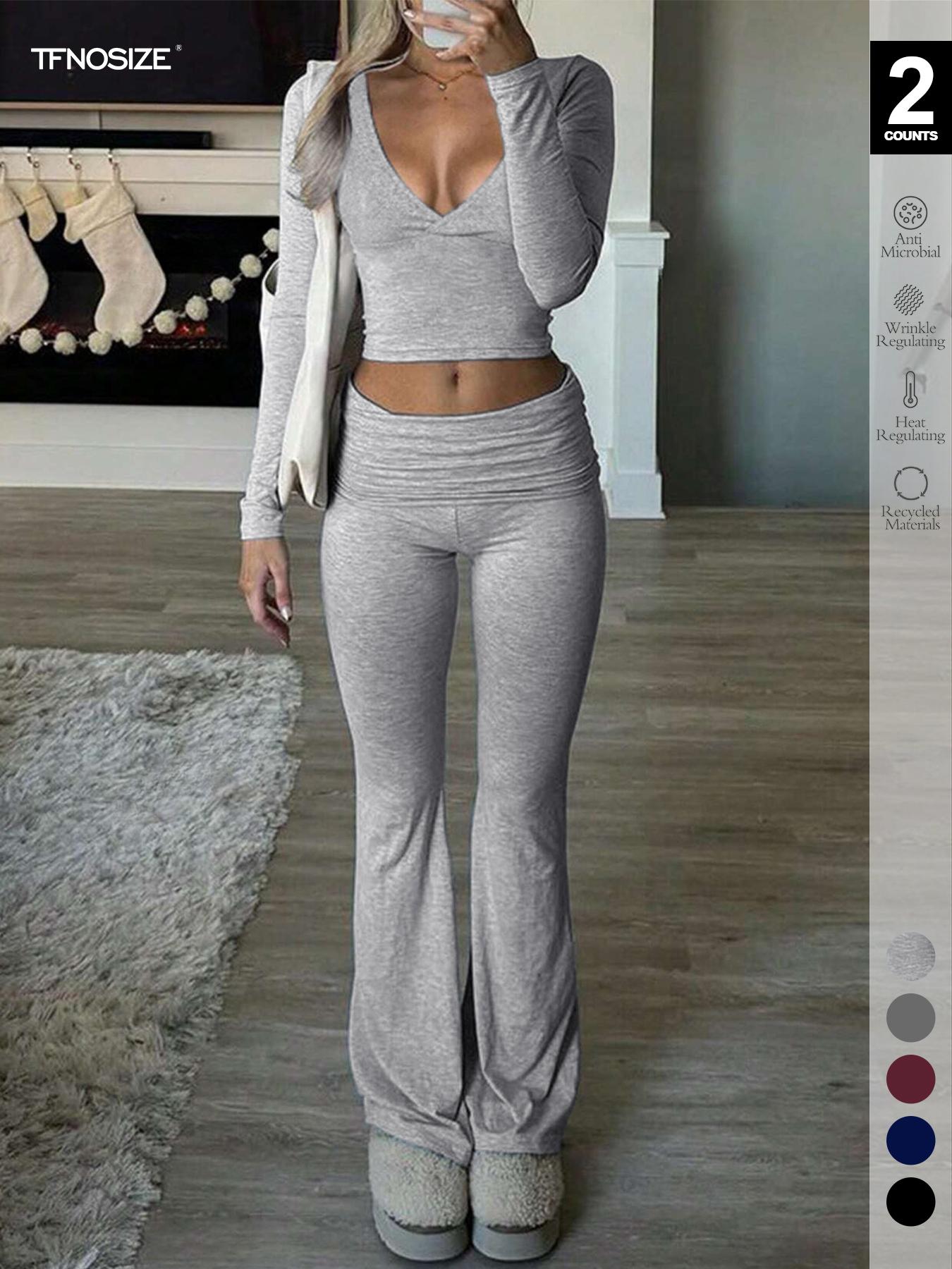 Women's 2/6 Piece Matching Set Long Sleeve Deep V Neck Crop Top and Foldover Flare Leggings Yoga Outfit Flare Pants Tracksuit