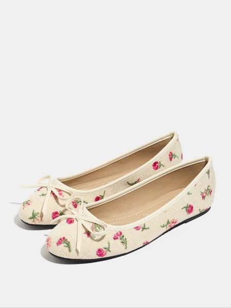Women's Bowknot Woven Slip-On Ballet Flats, Round Toe Low Heel Embroidered Floral Design, Fashionable Autumn Winter Single Shoes