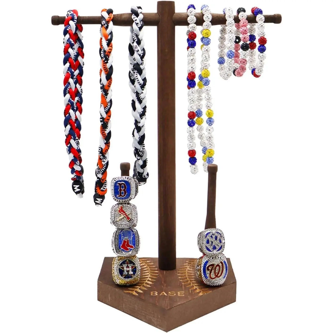 Wooden Baseball Softball Drip Necklace Organizer, Championship Ring Display Holder, Sports Ring Display Stand - Great Baseball Display Gift for Sports Lovers