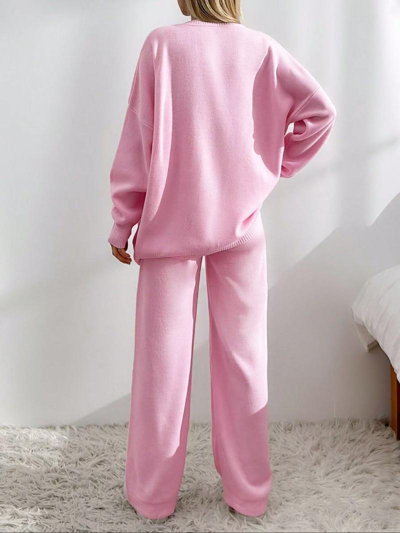 Women's Solid Button Front Drop Shoulder V Neck Cardigan & Elastic Waist Wide Leg Pants Two-piece Set, Matching Clothing Set, Casual Fashion Cozy Minimalist Knitwear Set for Daily Outdoor Wear, Women's Knitwear for Fall & Winter