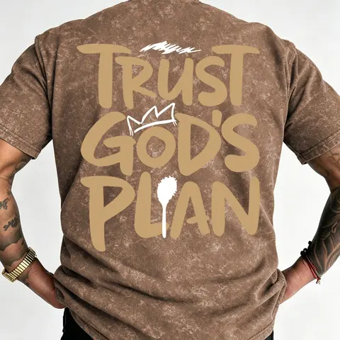 Men's Washed Vintage T-Shirt, "Trust God's Plan" Print Oversized Tee, Christian Streetwear Casual Top, Casual Graphic Tee #ChristianTee #TrustGodsPlan #WashedVintageShirt #FaithStreetwear #TikTokMadeMeBuyIt