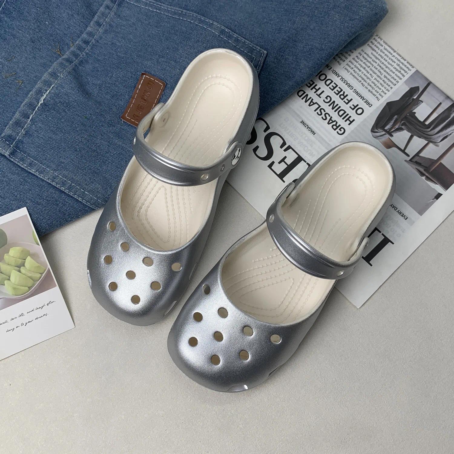 Retro EVA Outer Wear Mary Jane Slippers Shoes Summer New Women's Cute Ballet Hole Shoes Anti Slip Outdoor Beach Sandals