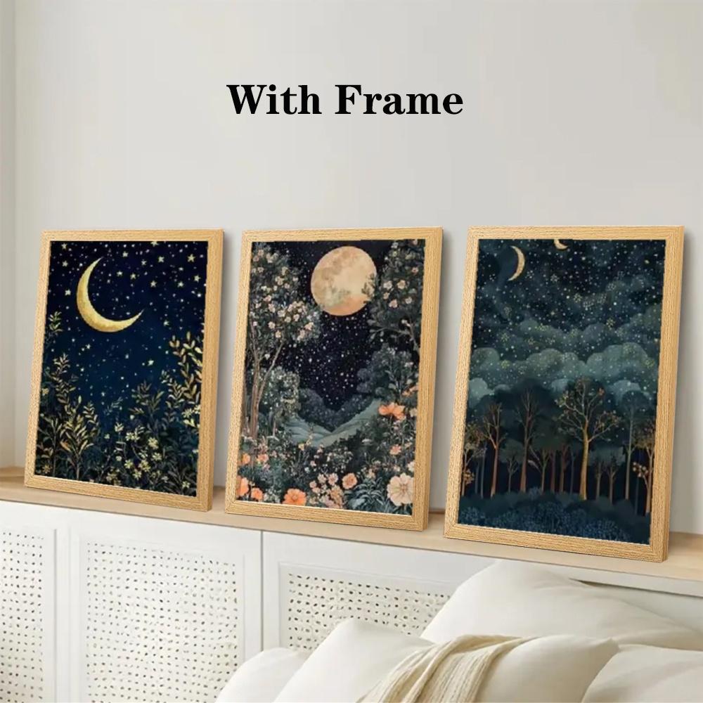 Optional Wooden Frame William Morris Artistic Canvas Art Prints Floral Boho Print 3pcs Gold Decor Decoration Moon Poster Night Sky Botanical Floral Wall Artwork for Bedroom