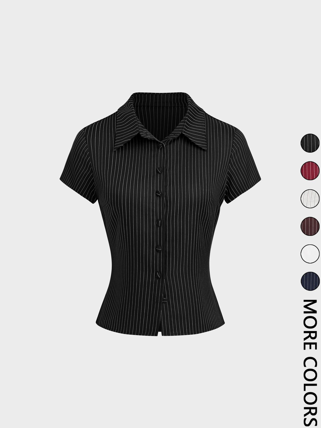Women's Plain / Striped Print Button  Shirt, Casual Slim-fitting Short Sleeve Collared Top for Daily Wear, Ladies Clothes for All Seasons
