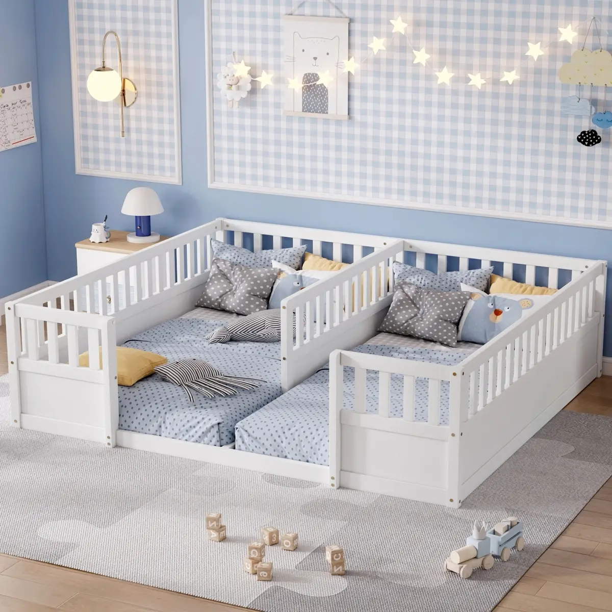 Double Twin Bed Frames, Wood Montessori Floor Bed with Guardrails for Kids, Pine Wood Toddler Double Beds with Safety Rails, Semi-Enclosed for 2 Kids, Girls, Boys, White
