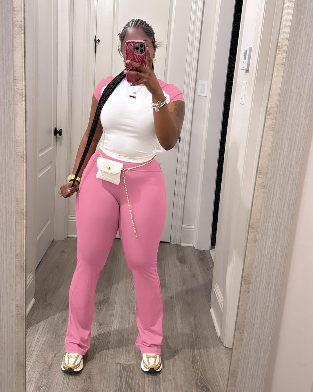 USBoutique Chic Women's Colorblock Top & Pants Two-piece Set Crew Neck Casual Fashion Fitted Cozy Breathable Outfits for Daily Outdoor Wear Ladies Summer Clothes Matching Trouser Set for Gym & Casual Wear