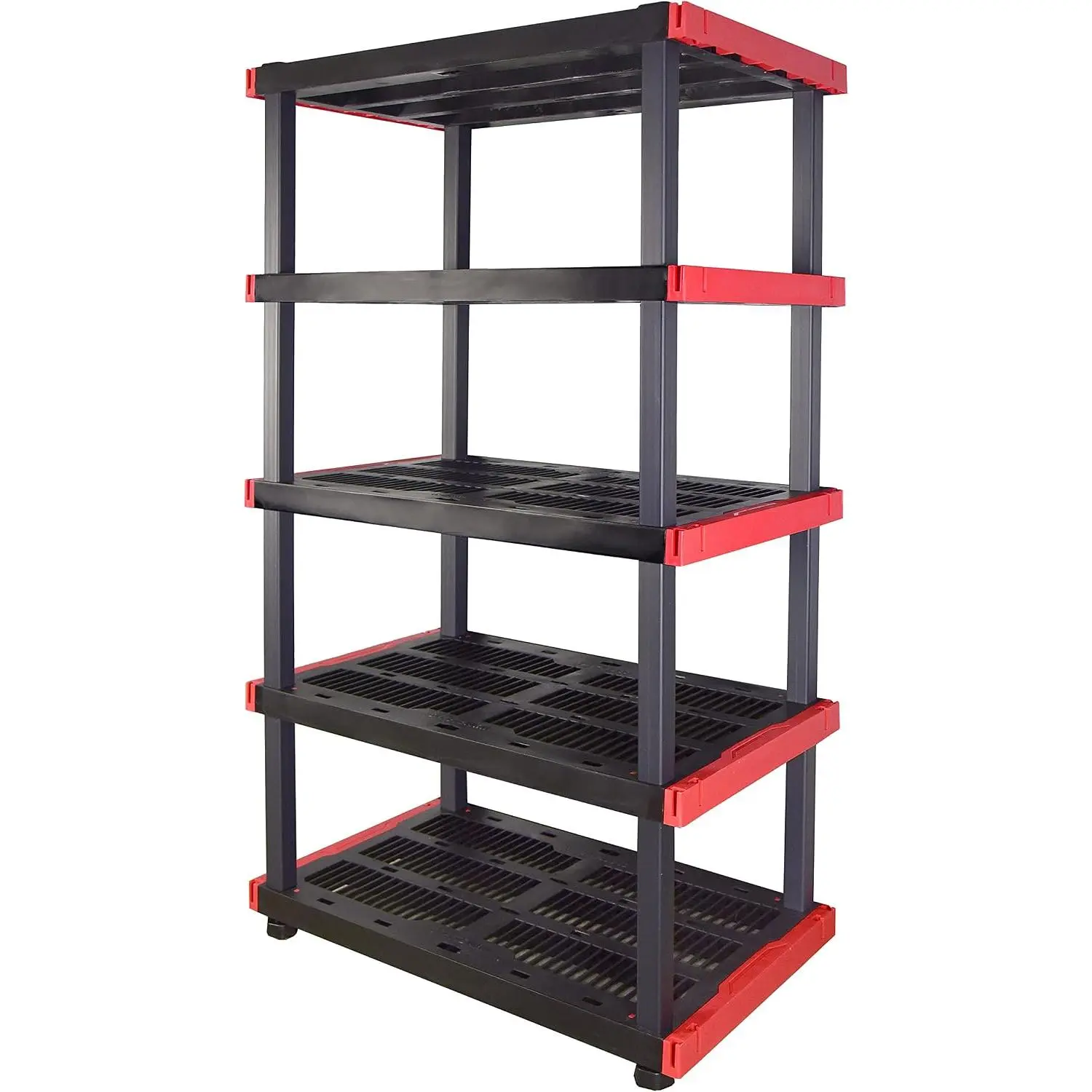 Craftsman 5-Tier Heavy Duty Plastic Storage Shelves, Garage Organization 5-tier storage rack organizes garages, workshops & basements, 200 lb/shelf, 72.3H x 40W x 24D, easy assembly, black/red