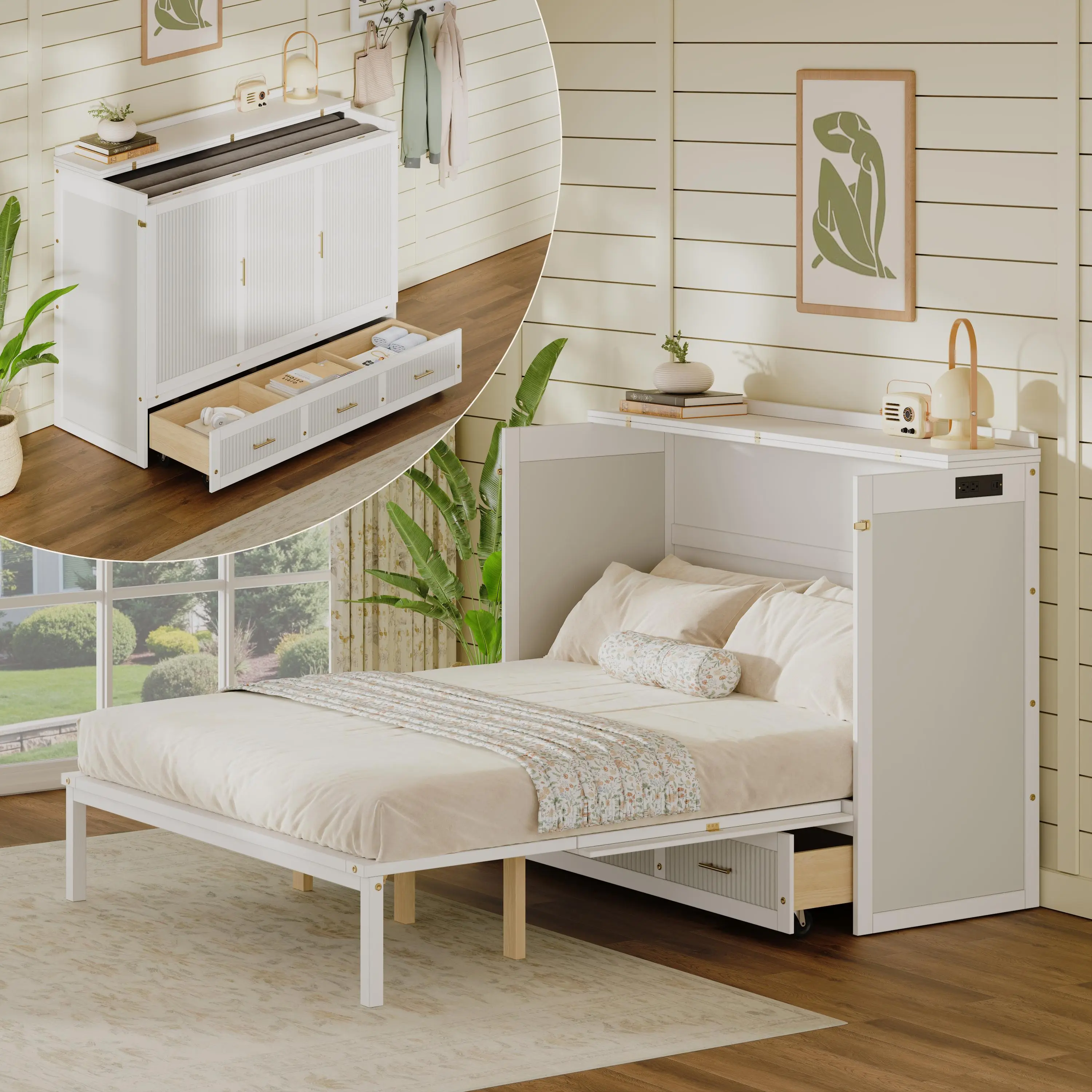 Queen Murphy Bed Cabinet with USB Charging Station, Vertical Foldaway Wall Bed with Drawers, Space Saving Hidden Bed with Safety Lock and Anti-Tip Device, White Pine Wood