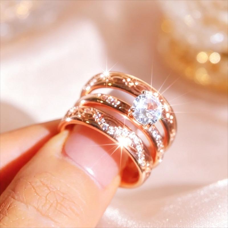 A Delicate Three-piece Rose Golden Set of Interchangeable Engagement and Bridal Rings, Ideal As A Gift for Special Occasions.