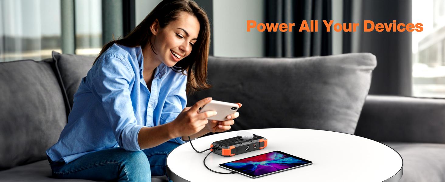 Sudrov 42800 mAh Solar Charger Power Bank Wireless Charger Built in 4 Cables 7 Outputs 15 Watts Fast Charging Power Bank for All Mobile Devices 3 Inputs Solar Portable Charger with Dual Flashlights, Carabiner and Thermometer Sudrov 42800 mAh Solar Charger Power Bank Wireless Charger Built in 4 Cables 7 Outputs 15 Watts Fast Charging Power Bank for All Mobile Devices 3 Inputs Solar Portable Charger with Dual Flashlights, Carabiner and Thermometer