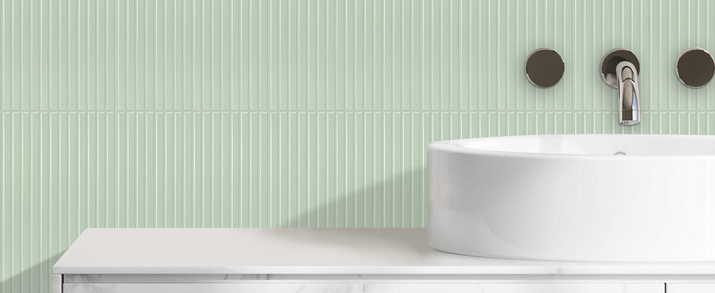 Backsplash Tile Peel and Stick, Self-Adhesive Sage Green Decorative Wall Tiles for Kitchen, Modern Glossy Slatted Design Backsplash Tiles for Kitchen, Bathroom, RVs (11.43x9 inch)