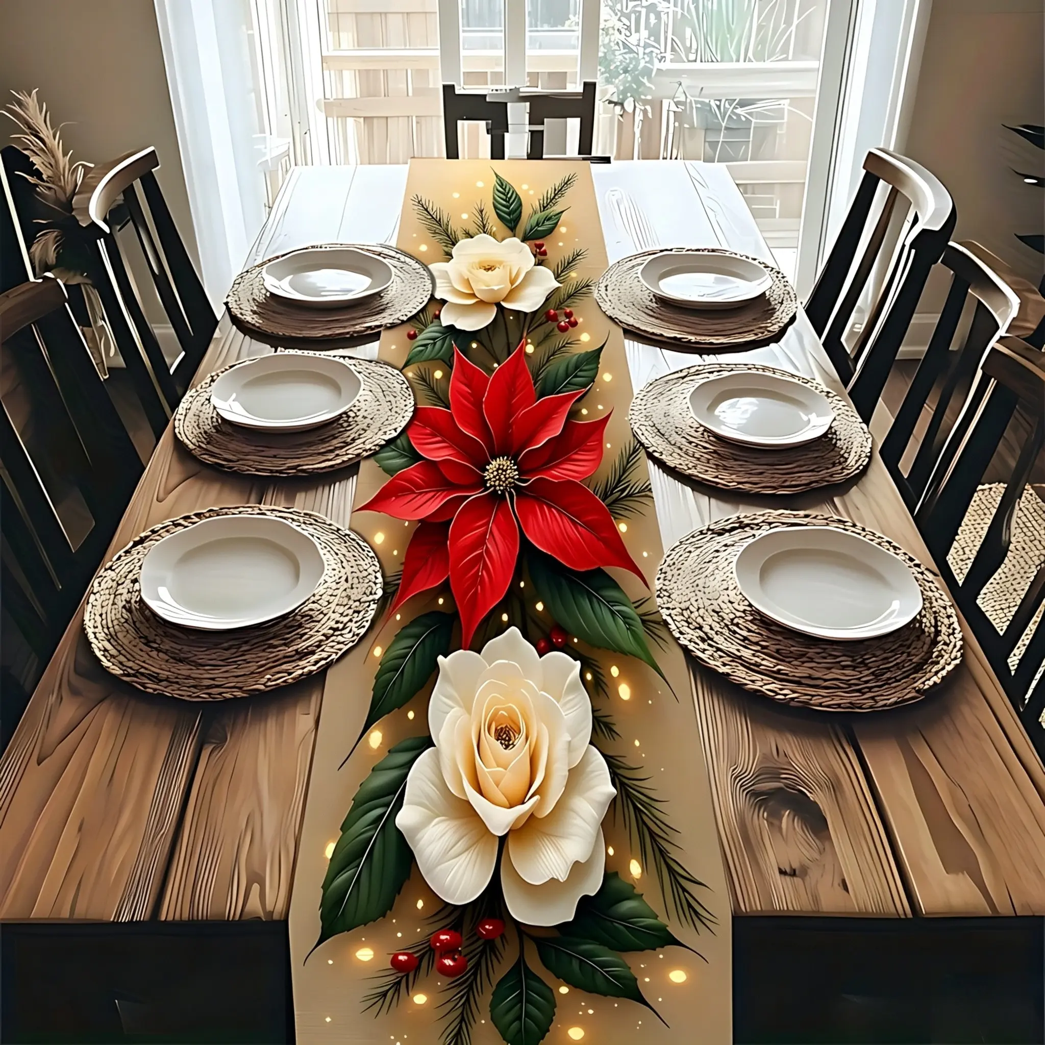1 Elegant White Rose & Pine Table Runner – Holiday Decor Featuring Red Poinsettias and Green Foliage Durable Polyester Fabric for Christmas and Thanksgiving