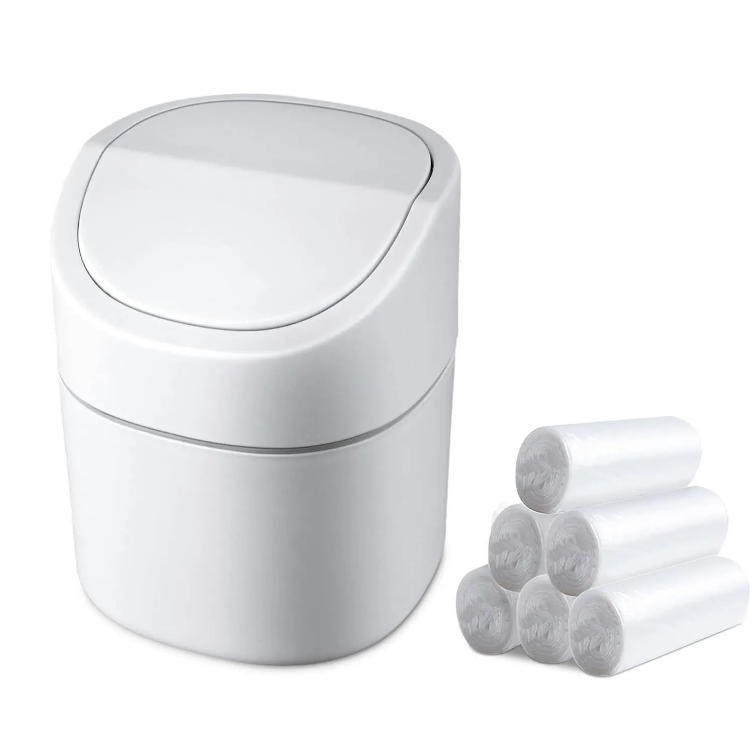 Compact 0.5 Gal White Desk Trash Can including Swing Lid item, Includes 180 Bags, Smooth Edge Design for Bedroom, Dorm, Office