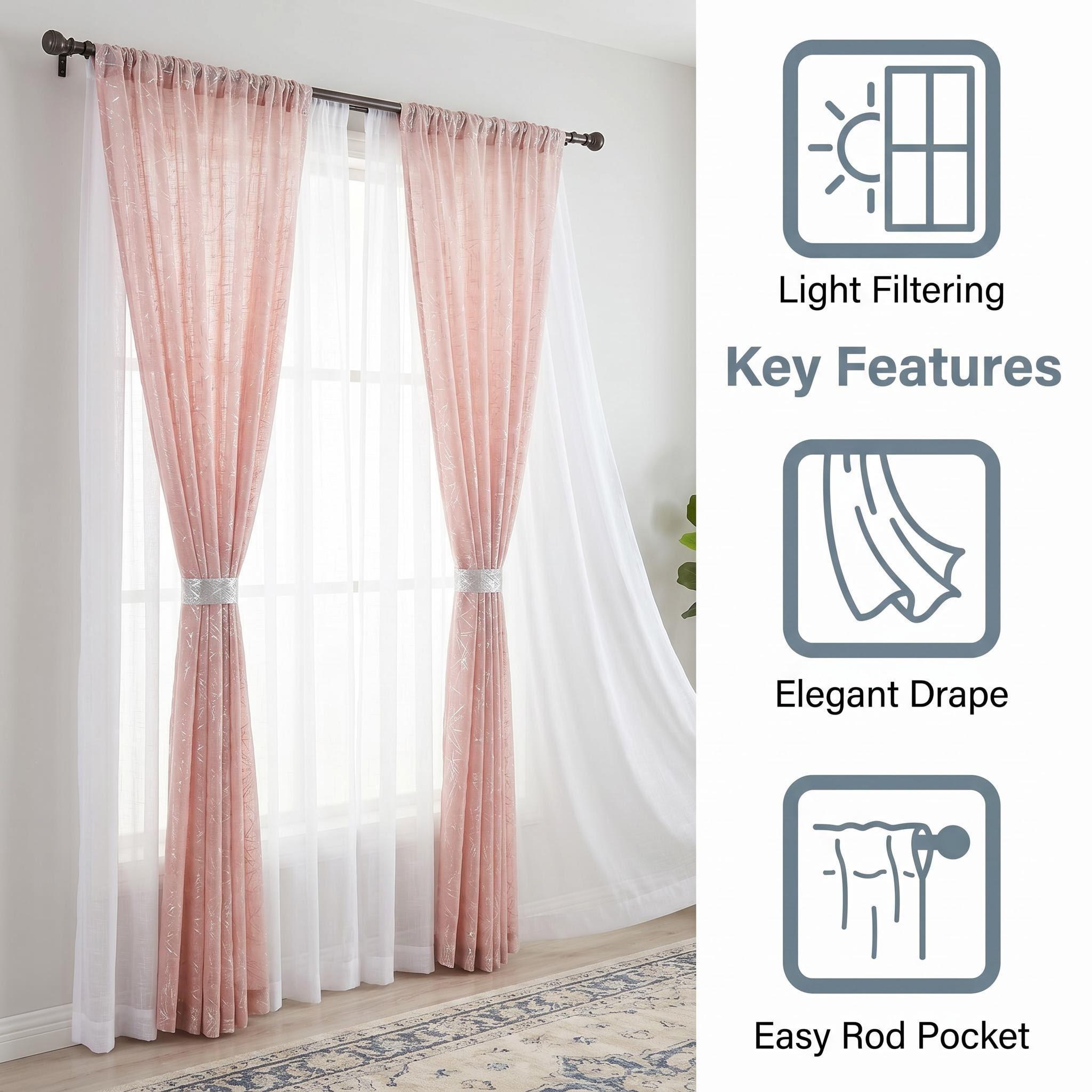 6-Panel Rod Pocket Window Drape Set (52"x84") - Durable, Dustproof, Breathable, Anti-Shrink, Fade-Resistant Flat Weave, 4 Foil Silver Metallic Sheers, 2 Linen Texture Chenille Semi-Sheers, Easy Installation, for Bedrooms/Living Rooms (FT5001 L39), Rust