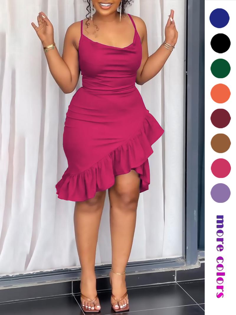 Women's Plain Asymmetrical Hem Cami Dress, Elegant Sleeveless Dress for Party Dating Wear, Ladies Summer Clothes