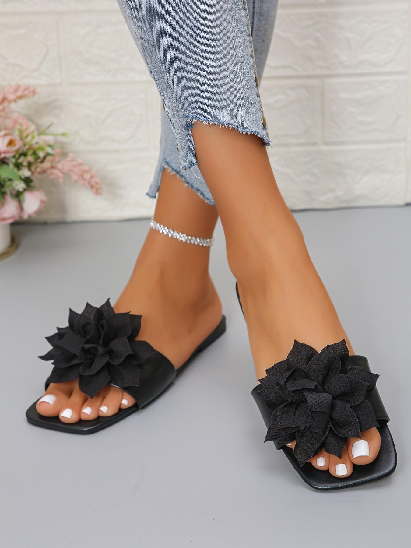 Women's 3D Flower Square Toe Slip-On Sandals, Plain PU Leather, Casual Summer Shoes, Beach, Vacation, Daily Wear, /