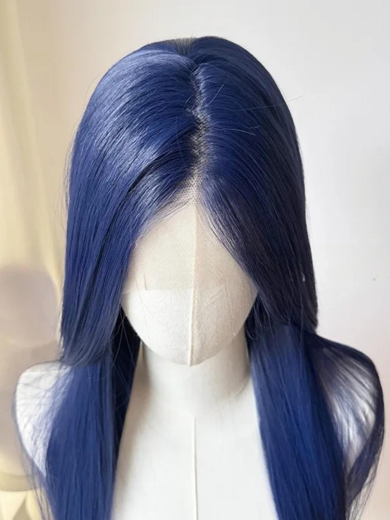 28-Inch Deep Blue Straight Wig for Women, Soft Lace Front, 180% Density, Pre-Plucked, No Glue, Heat Resistant, Daily Use